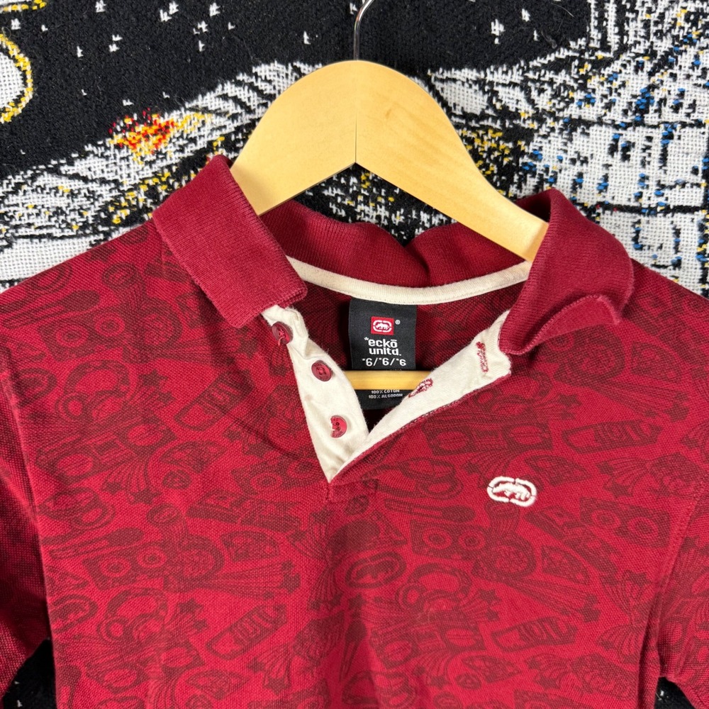 Ecko Unltd Boys Burgundy Layered Look Long Polo Shirt Size 6 Graffiti Print